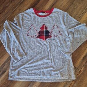 Eddie Bauer Gray Long Sleeve Red Trim Christmas Trees Sleepwear XL Dads Pj Shirt